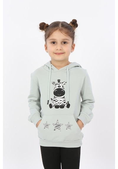 Toontoy Kız Çocuk Yıldızlı Zebra Baskılı Kapüşonlu Sweatshirt Yeşil