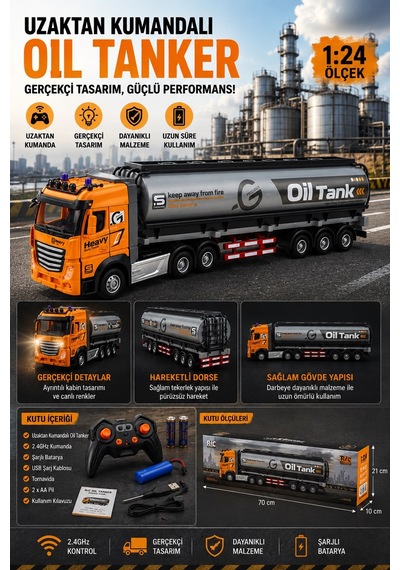 Uzaktan Kumandalı Tanker Tır 1:24 Ölçek Şarjlı Oyuncak Tır 2.4ghz Yakıt Tankeri Kamyon
