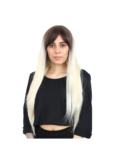 Fiber Sentetik Uzun Düz Kahküllü Peruk / Küllü Açık / Platin Ombreli - Rxlu-461979 Renkli