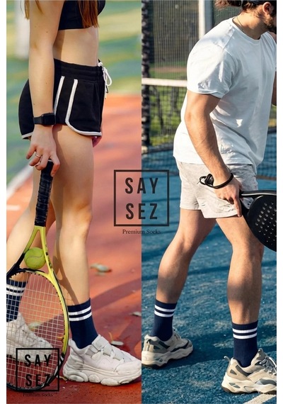 Saysez Bambu Unisex Tenis Kolej Çizgili Lacivert Premium Dikişsiz Soket Çorap Lacivert