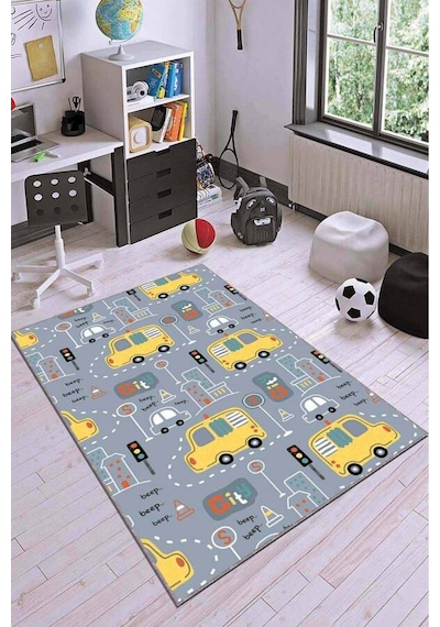 Sarı Kaymaz Tabanlı Yıkanabilir Arabalı Çocuk Halısı Ar054n11