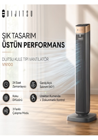 Dijitsu Vn100 Kule Tipi Vantilatör 45w, Zaman Ayarlı, 3 Hız Kademeli, Koku Difüzörü, Uzaktan Kumandalı, Geniş Salınım