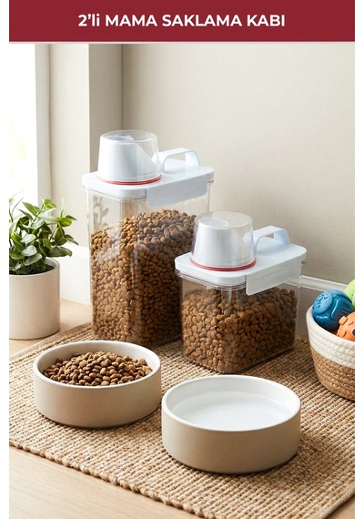 2'li Sızdırmaz Kedi Köpek Mama Saklama Kabı 1100 Ml Ve 1800 Ml