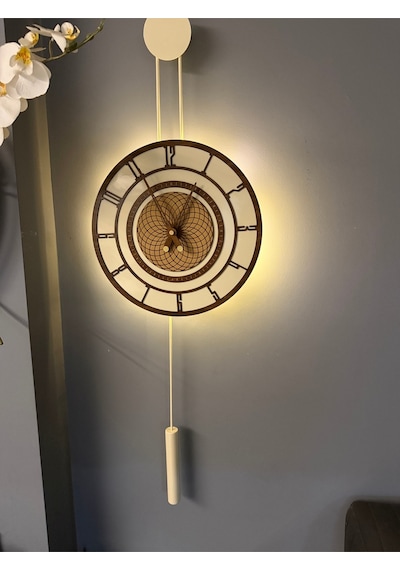 Metaquartz Aksesuar Ekru-ceviz Pendulum Full Çelik - Metal Ledli Duvar Saati Krem-ceviz