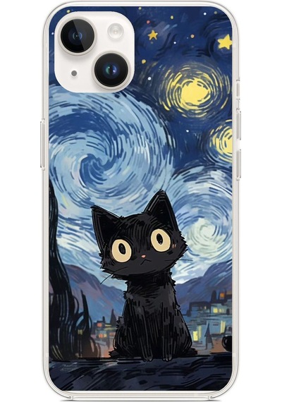 Apple Uyumlu iPhone 13 - 14 Gece Yarısı Kedi Tasarımlı Baskılı Silikon Kılıf Renkli
