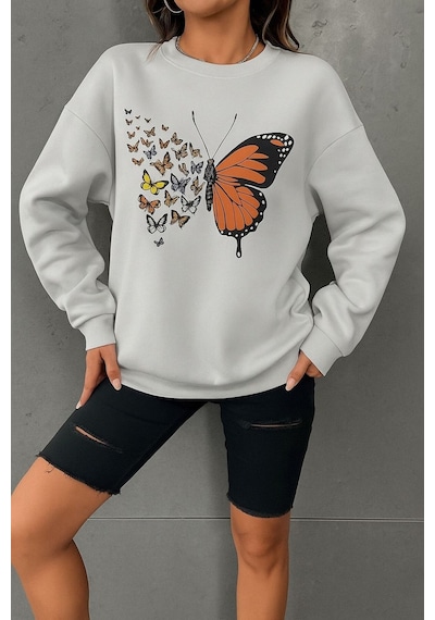 Benroma 3 İplik Penye Kelebek Baskılı Unisex Sweatshırt Gri