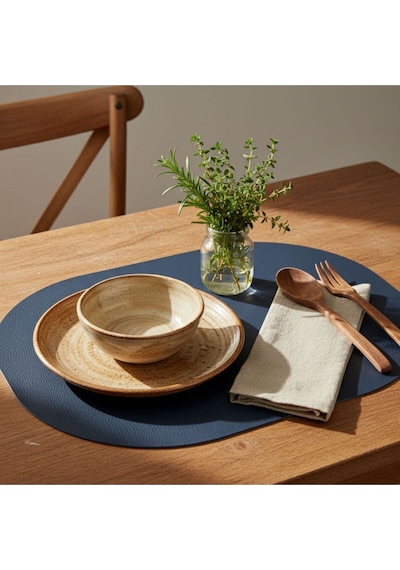 6 Kişilik 12 Parça Lacivert Tam Oval Deri Amerikan Servis Supla 33x44 Cm-kolay Silinir Supla