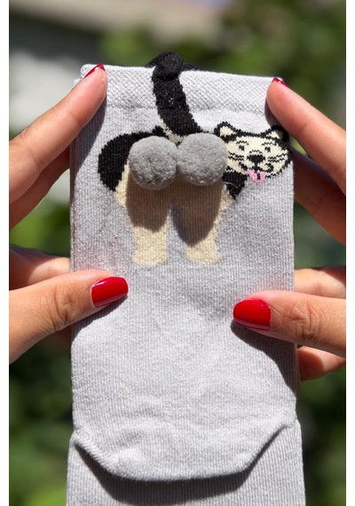 Lousocks Unisex Gri Dilini Çıkaran Köpek Desenli Ponpon Soket Çorap