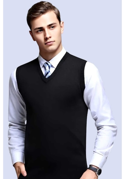 Tezzgelsin Erkek V Yaka Triko Tüylenmez Süveter Erkek Slim Fit Süveter Siyah