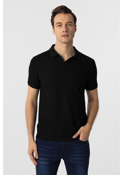 Süvari Regular Waffle Kumaş V Patlı Polo Yaka Nefes Alabilen T-shirt Siyah