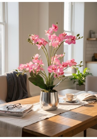 Yapay Çiçek Pembe 9 Dallı Islak Orkide Gümüş Metal Saksıda Saksıda Orkide 60cm Pembe