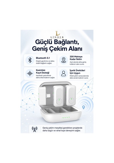 Type-c Girişli Beyaz Kablosuz Yaka Mikrofonu Şarj Kutulu 2 Verici 1 Alıcı 48khz 24bit Gürültü Engellemeli Beyaz Beyaz