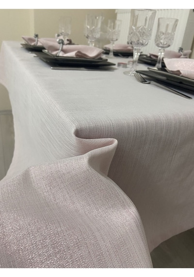 Keten Görünümlü Begonvil Simli Masa Örtüsü Pudra Pembe 25 Parça Set