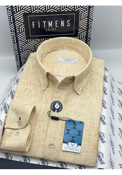 Slim Fit Uzun Kol Müslin Dijital Baskılı Hediye Kutulu Erkek Gömlek Fs-004599 - Sarı-3360