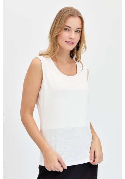 Kadın Sıfır Yaka Flamlı Kumaş Basic Askılı Tshirt Ekru Ekru