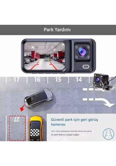 Buğz A-98 Wifi Full Hd 3 Kameralı Araç İçi Güvenlik Kamerası + Park Modu Kablosu Ön-arka-iç Kayıt,dashcam