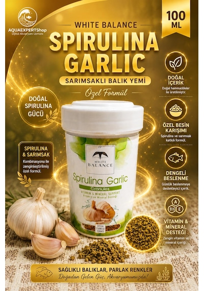 White Balance Spirulina Garlic Granül Balık Yemi - Sarımsak Ve Spirulina İçerikli Özel Formül - Premium Balık Yemi - 100 Ml