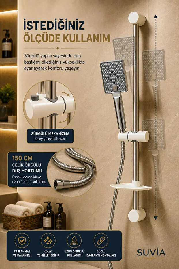 Sürgülü Duş Seti 3 Fonksiyonlu Başlık 150 Cm Hortum Duş Sistemi Beyaz - Mavi