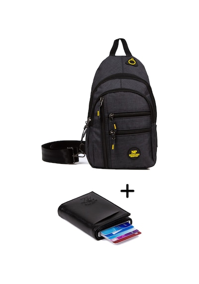Newish Polo Keten Kumaş Usb Kulaklık Çıkışlı Göğüs Omuz Çantası Ve Mekanizmalı Cüzdan Kartlık - New122 Siyah - Mavi