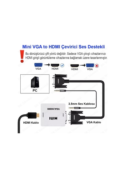 Mini VGA to HDMI Çevirici Dönüştürücü Adaptör Ses Destekli