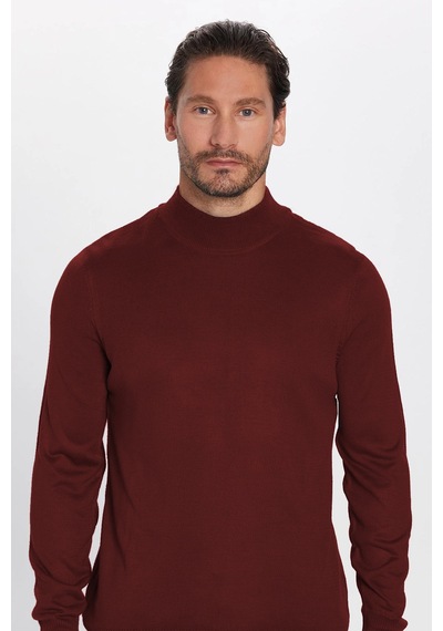 Tudors Erkek Slim Fit Dar Kesim Yarım Balıkçı Yaka Düz Bordo Triko Kazak-32484 Bordo