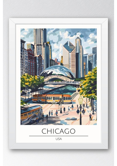Abd Chicago Temalı Çerçeveli Tablo Travel Serisi Modern İllüstrasyon Şehir Duvar Dekoru Beyaz