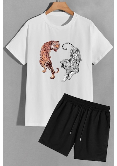 Uyguntarz Tiger Şort T-shirt Eşofman Takımı Beyaz