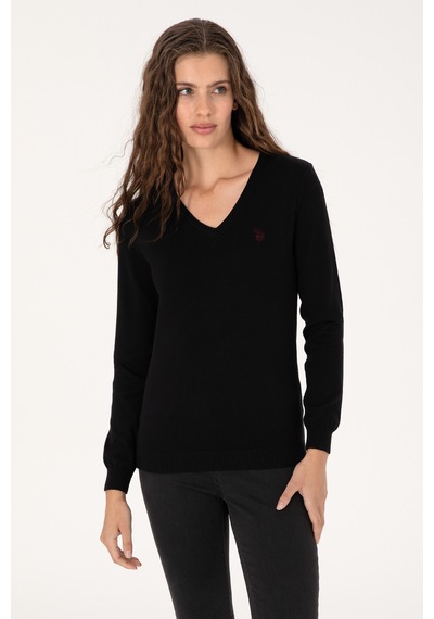 U.S. Polo Assn. Kadın Siyah V Yaka Basic Kazak 50313590-VR046