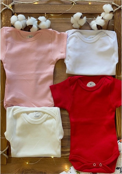 Betül Bebek Kısa Kollu 4'lü Organik Pamuk Çıtçıtlı Bebek Body & Zıbın Kırmızı,ekru,pembe,beyaz Çok Renkli