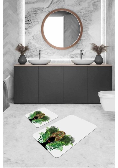 Ekru Etnik Desen Banyo Halısı Klozet 2'li Paspas Seti Bs232n11