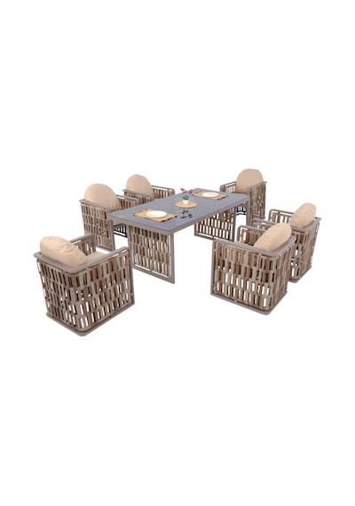 Talia Rattan Bahçe Masa Takımı 100x200 6 Kişilik Bahçe Mobilyası Gri