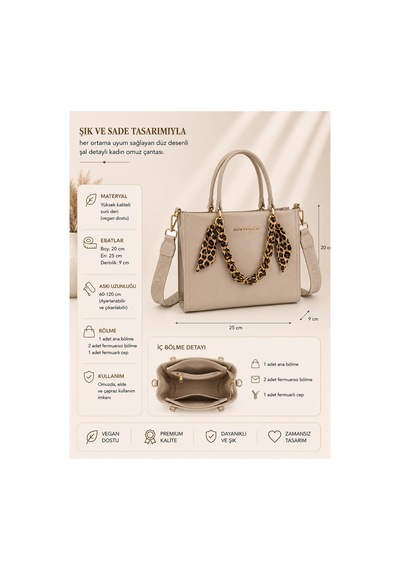 Just Polo Orijinal Kadın Omuz Ve Çapraz Askılı Zincir Detaylı Günlük Veya Özel Kullanıma Uygun Lüks Kol Çantası Shopper 25x20x9 Cm Vizon