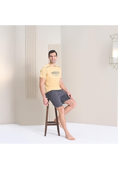 Over Sleep By Poleren Over Sleep 1789 Erkek Yazlık Şortlu Kısa Kol Pijama Takım Sarı