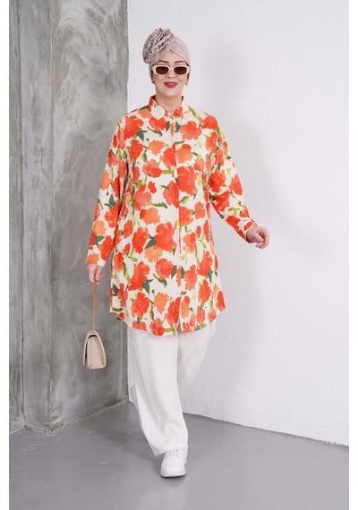Polologin Butik Turuncu Çiçek Desenli Tunik Ve Krem Pantolon Takım Turuncu & Krem