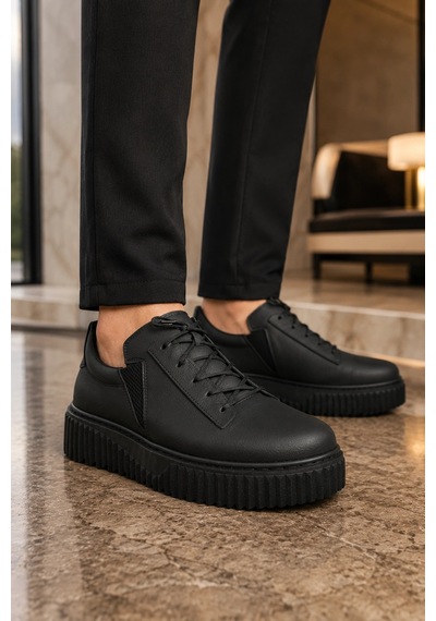 Mevese Dlob Erkek Bağcıklı Cilt Günlük Casual Spor Sneaker Ayakkabı - Siyah