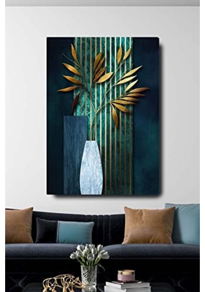 Homearths Dekoratif Soyut Altın Yapraklı Vazo Sürreal Kanvas Duvar Tablosu 70 X 100 Cm