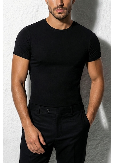 Auw Erkek Bisiklet Yaka Pamuklu Modal Basic T-shirt - Softfit Siyah