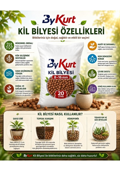 Kil Bilyesi 20 Litre 8-16 Mm Saksı Bitkileri, Bahçe Peyzajı Ve Hidroponik Kullanım İçin 20 L