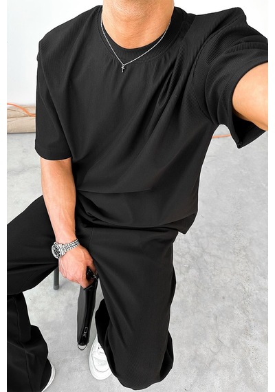 Siyah İnce Fitilli Oversize Tişört Siyah