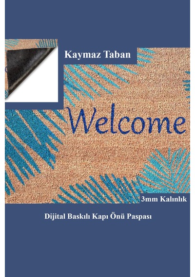 Valerine Life Mavi Palmiye Yapraklı Welcome Hoş Geldiniz Kapı Önü Paspası 45x70cm Mavi