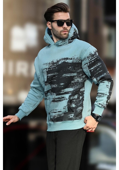 Madmext Mavi Kapüşonlu Desenli Cep Detaylı Erkek Sweatshirt 7059-mavi Mavi