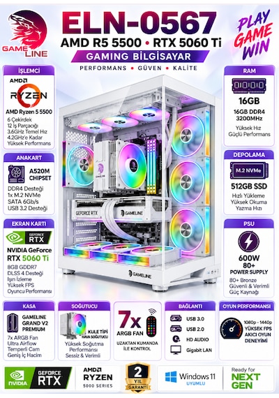 Gameline ELN-0567 R5-5500 512 GB 16 GB SSD8 GB RTX5060 Ti Dos Masaüstü Oyuncu Bilgisayar