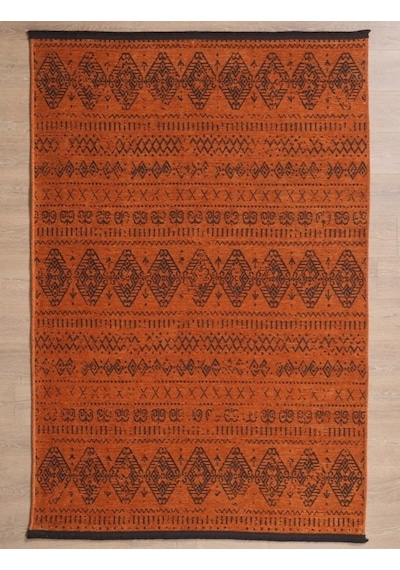 Bohem Tarz Dekoratif Pamuk Taban Şönil Kilim Terra Renk Halı Turuncu