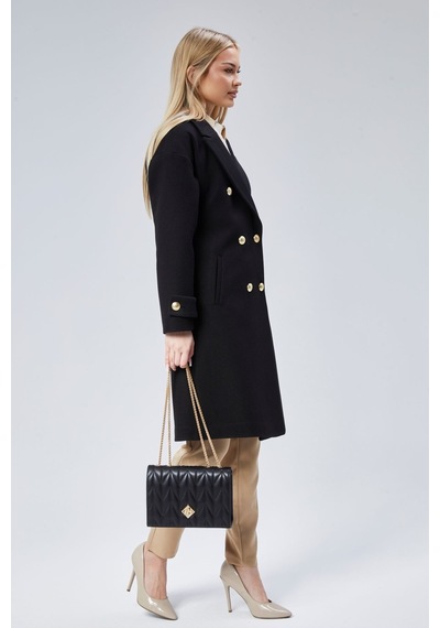 Kadın Kruvaze Yaka Düğme Detaylı Kaban Siyah