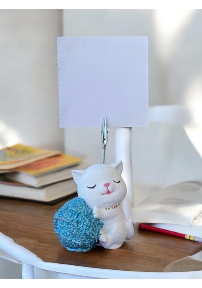 Mavi Sim Yumak Tutan Oturan Kawaii Kedi Temalı Not Tutacağı Fotoğraf Tutacak Tutucu Ofis Hediyelik Simli Mavi