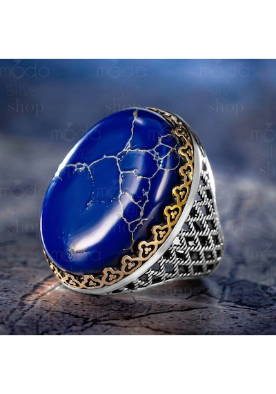 925 Ayar Gümüş Büyük Kasa Oval Lapis Lazuli Taşlı Erkek Yüzük Gümüş