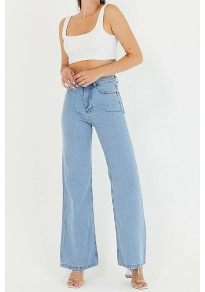 Palazzo Pantolon Buz Mavi Yüksek Bel Geniş Paça Bol Kesim Premium Jeans Buz Mavi
