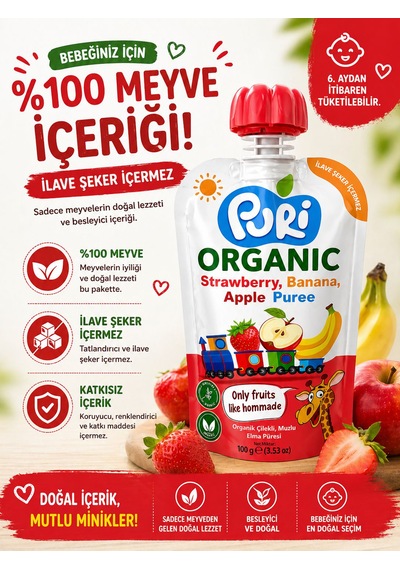 Organic %100 Organik Meyve Püresi Çilek Muz Elma 100 G İlave Şekersiz