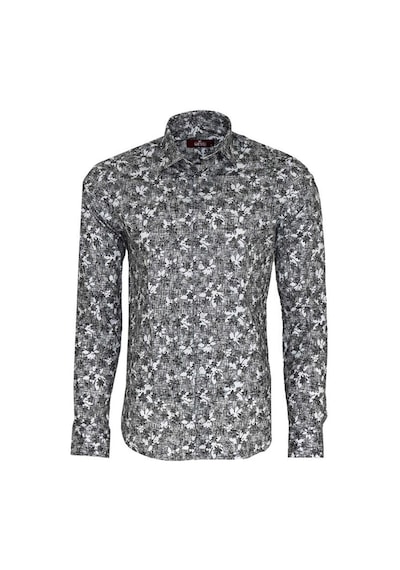 Çiçek Desenli Koyu Gri Slim Fit Gömlek Siyah