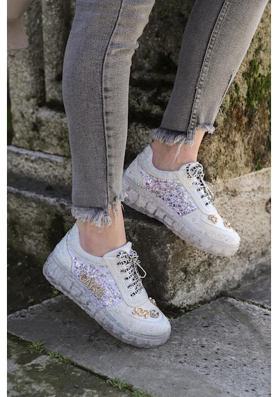 Astra Taşlı Desenli Şeffaf Taban Beyaz Renkli Kadın Sneaker-beyaz Beyaz